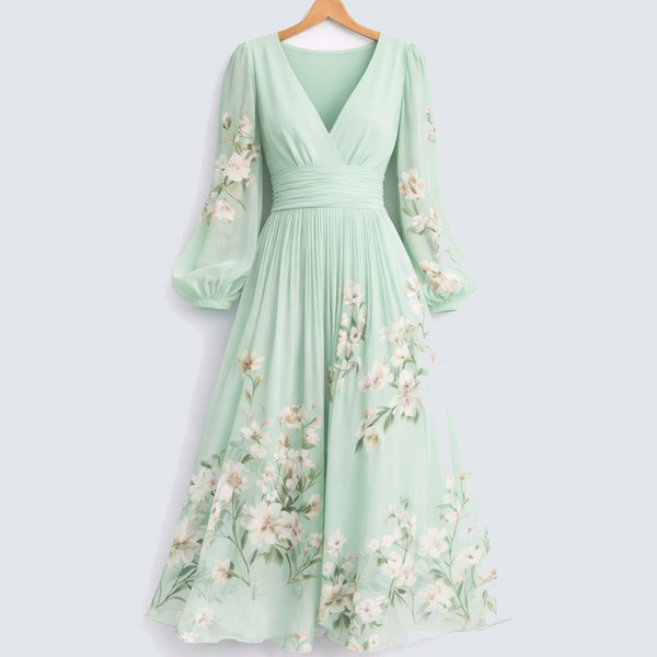 Light Green | Midi haljina od plisiranog šifona sa cvetnim uzorkom i V izrezom